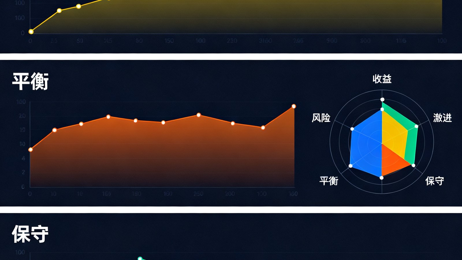 三条不同颜色收益曲线对比，雷达图显示激进、平衡、保守三种策略的收益与风险