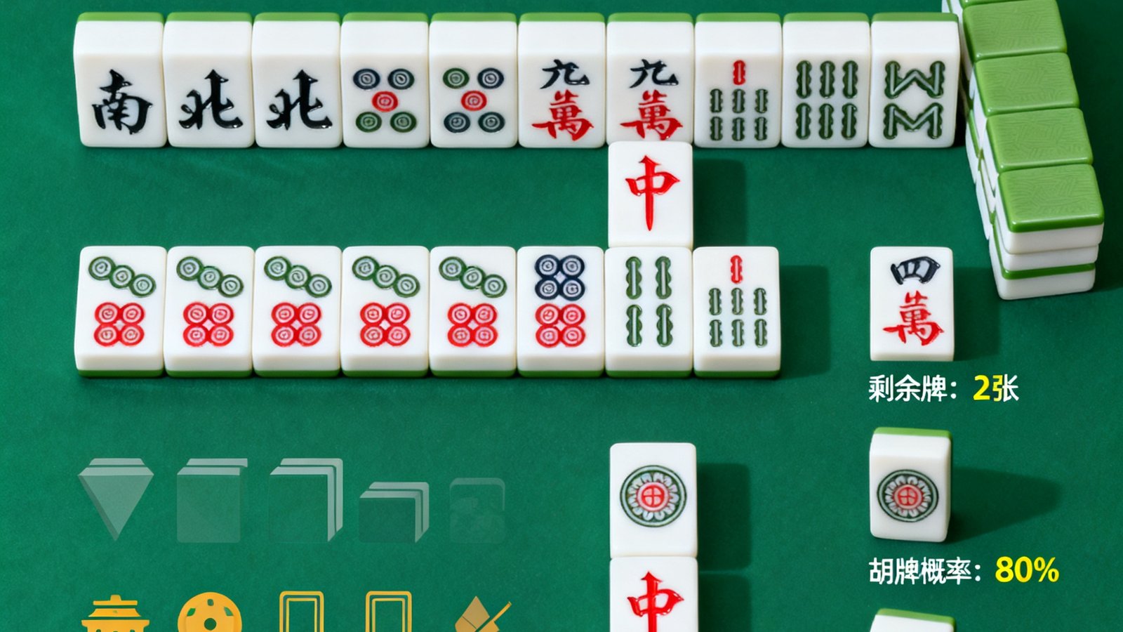 手牌清一色听牌示意图，剩余牌标记胡牌概率