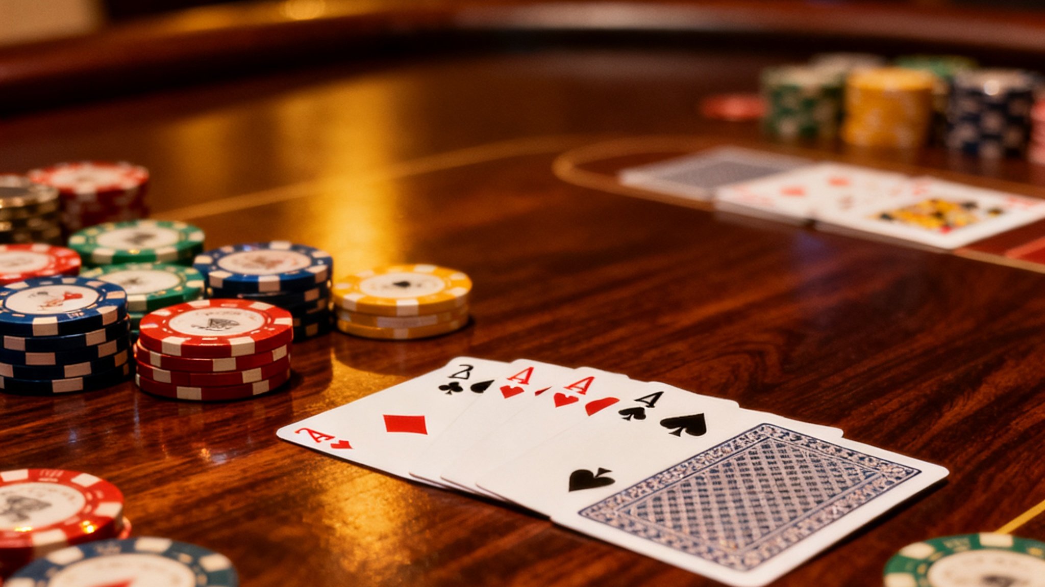 一张木质棋牌桌上摆满扑克牌和筹码，背景是柔光，代表炸金花策略计算平台